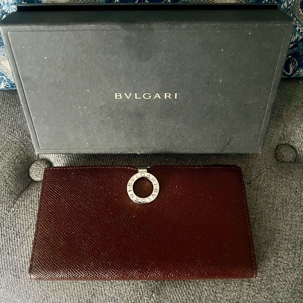 Bulgari brown leather long wallet w silver accents